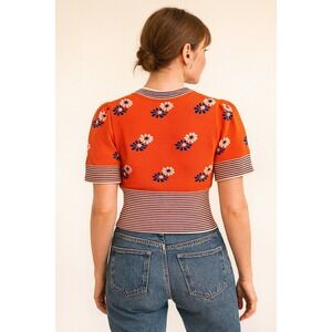 Cider Orange Floral Knit Top – Puff Sleeve  – Striped Waist – Retro Y2K  Size S